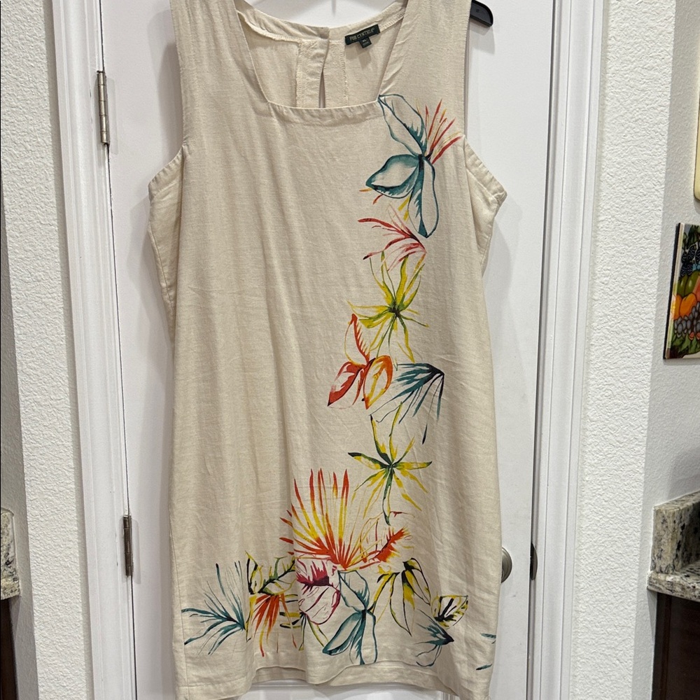 For Cynthia Beige Linen Blend Dress with Colorful Floral Accents